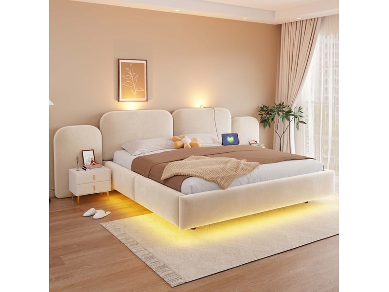  Lit coffre 180x200 cm avec éclairage led et prises de charge couleur beige sans matelas, modules intégrés comprennent  - Conforama B