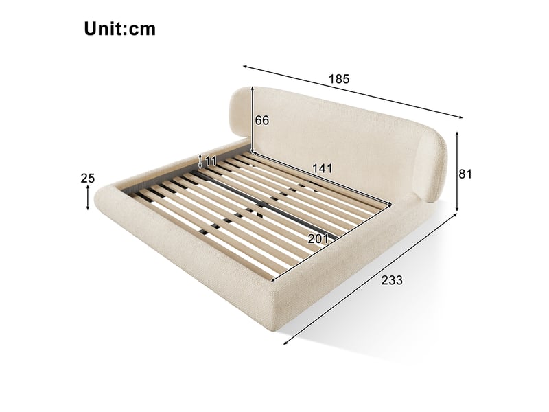  Lit rembourré 140 × 200 cm 2 places avec tête de lit, coins arrondis, sans matelas, en chenille beige  - Conforama D
