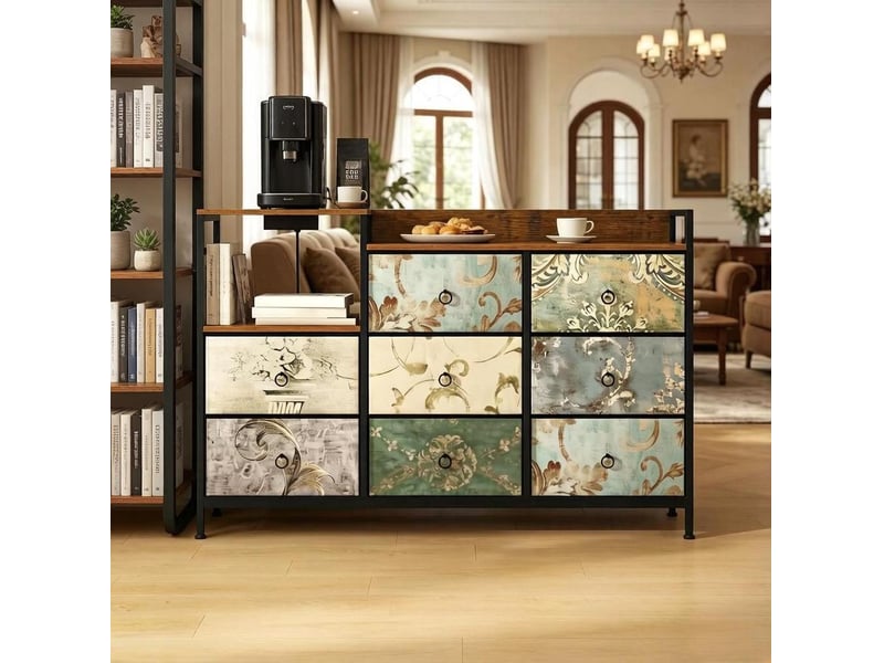 Commode avec 8 tiroirs en tissu, niche ouverte, prises et ports usb pour chambre ou une entrée, 132 × 29 × 88 cm - Conforama D