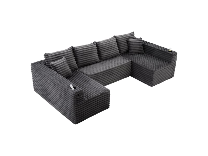Canapé modulable en u pour salon, canapé en velours côtelé avec porte-gobelets, 4 coussins et assise ergonomique, 320 x 155 x 88 cm - Conforama A