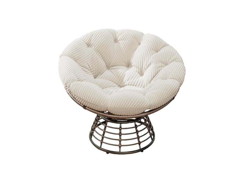  Fauteuil papasan pivotant 360° en résine tressée marron avec coussin blanc en velours côtelé, pour se détendre  - Conforama A