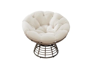 Fauteuil papasan pivotant 360° en résine tressée marron avec coussin blanc en velours côtelé, pour se détendre