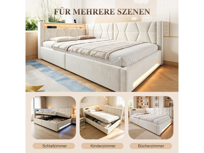  Lit coffre double 140×200 cm avec led, usb et type-c - okmyhome- en velours beige, sans matelas  - Conforama E