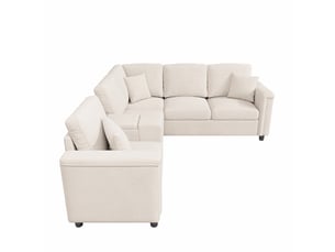 Canapé d'angle l 5 places, avec console rangement, porte-gobelets, usbtype-c, liseuse, 235x208x83 cm, beige, tissu chenille