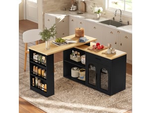Îlot de cuisine fixe avec plateau pivotant à 360°, buffet de rangement avec tiroir et étagères, table de bar en mdf, noir et naturel