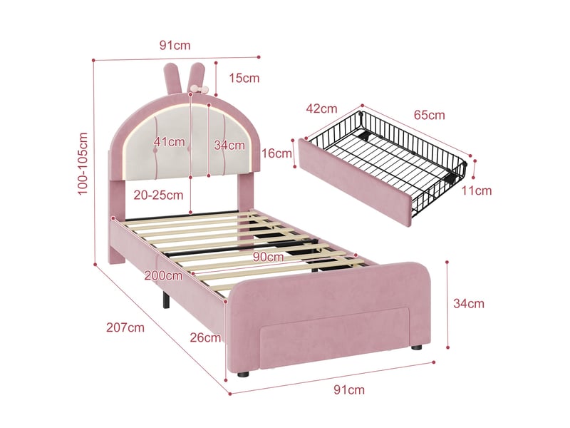  Lit simple 90x200 cm avec 1 tiroir et led, lit enfant capitonné en velours, tête de lit oreilles de lapin réglable et sommier, rose  - Conforama E