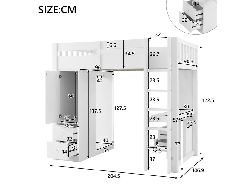 Lit en hauteur, 90x200 cm, avec bureau intégré, armoire ouverte, led et usb, matelas non inclus, bois, coloris blanc - Conforama C