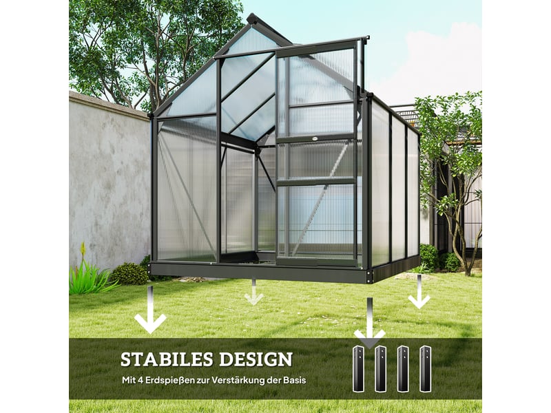 Serre aluminium 3,65 m², 190x192x201 cm, fondation, fenêtre toit, porte coulissante, panneaux uv 4 mm, tomatesplantes, extérieur. - Conforama E