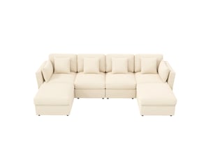 Canapé d'angle modulable modenvie 6 places en velours côtelé beige 290 x 159,5 x 89 cm avec poufs amovibles