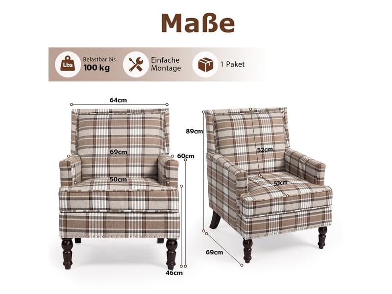  Fauteuil d'appoint 69x69x89 cm, dossier à rayures, confort, structure en bois, pour salon, coton, lin, marron et blanc  - Conforama C