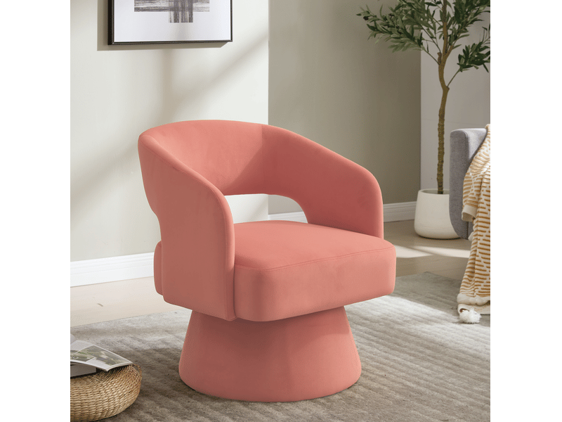 Fauteuil pivotant avec accoudoirs incurvés, dossier ouvert et base stable, en chenille et bois rose, 68 × 66 × 47 cm - Conforama B