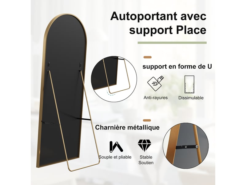 Miroir pleine longueur arqué 177 x 77 cm miroir mural salon avec cadre en aluminium, verre trempé - Conforama R