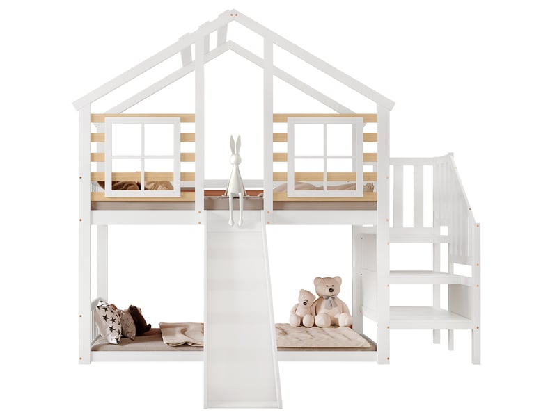  Lit cabane blanc 90x200 cm en bois massif, toboggan, échelle, toit à fenêtres et espace inférieur libre sans sommier  - Conforama A