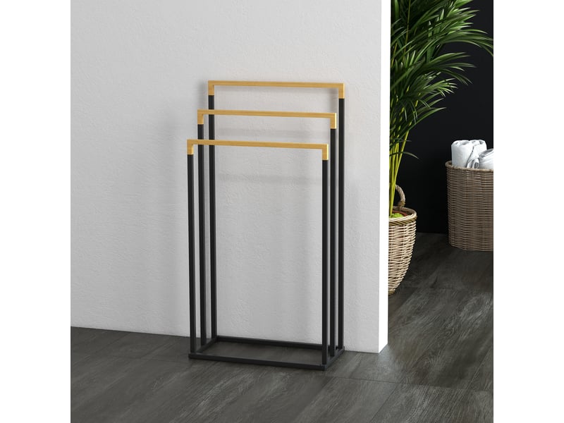  Porte-serviettes en bambou et acier sur pieds avec 3 support barres pour serviette 45 x 22,5 x 86 cm noir et naturel  - Conforama W