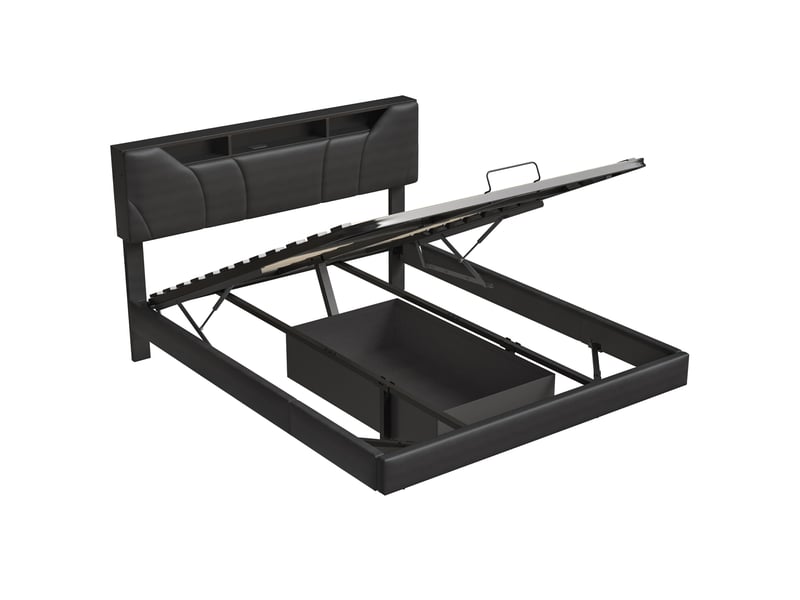  Lit double coffre - 140 x 200 cm-noir - en similicuir pu, avec tête de lit de rangement, éclairage led, prises et vérins hydrauliques  - Conforama D