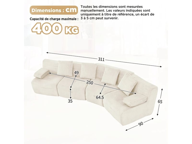  Canapé modulable 4 places en velours côtelé sans montage beige clair  - Conforama E