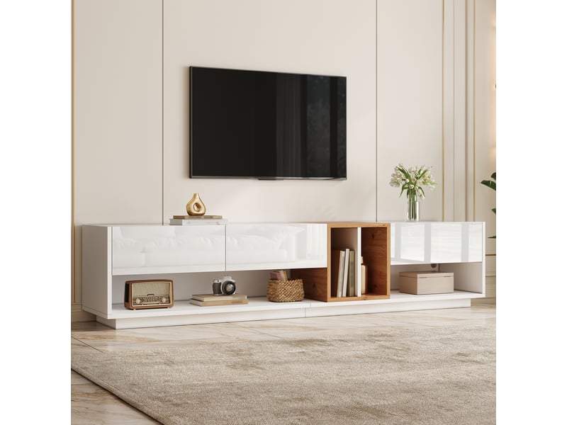  Meuble tv led 190x38x42 cm - meuble bas brillant avec éclairage led contrôlé par application, rangement, panneau de particules  - Conforama E