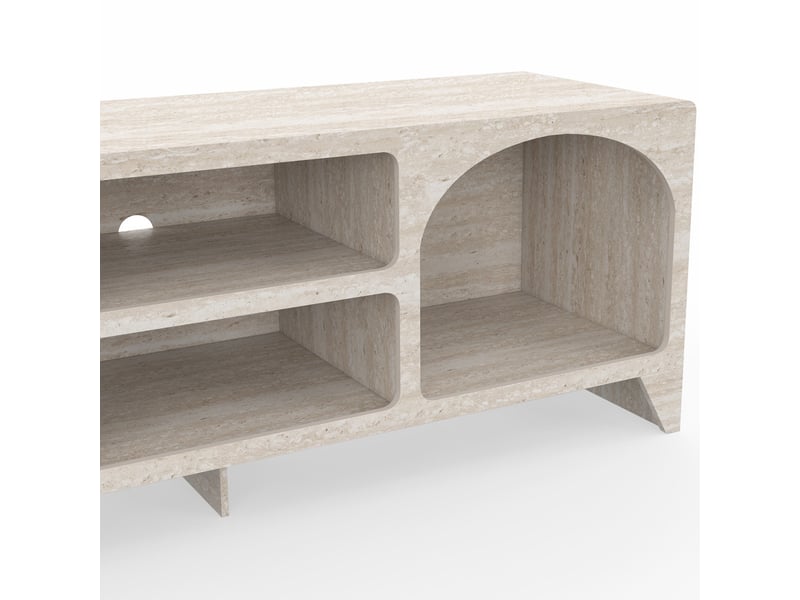  Meuble tv 140 cm organique alesia 6 niches bois effet travertin  - Conforama E