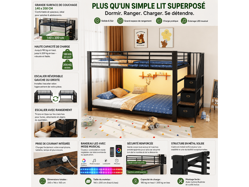 Lit superposé enfant 90x200 cm en métal avec escalier rangement, led, prises usb, barrière de sécurité, échelle réversible gauchedroite - noir - Conforama E