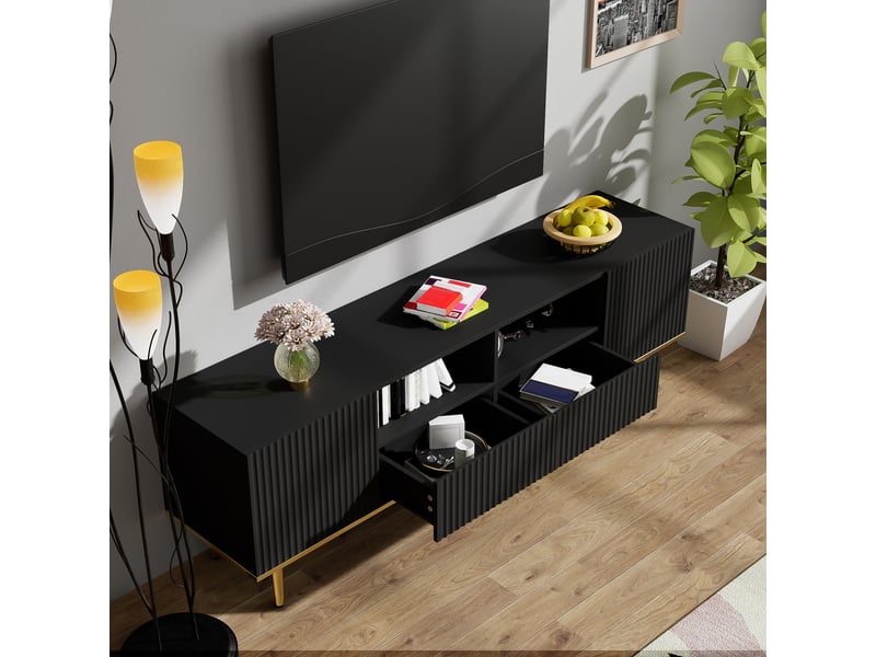  Meuble tv noir et or 165 cm moderne pour tv 60-69 pouces avec pieds dorés et 2 tiroirs  - Conforama R