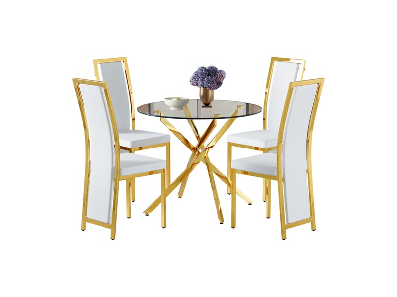  Set de table et chaises 88 cm luxueux en verre trempé avec structure métallique dorée en croix, combiné à 4 chaises de salle à manger minimalistes blanches avec bordure dorée  - Conforama A
