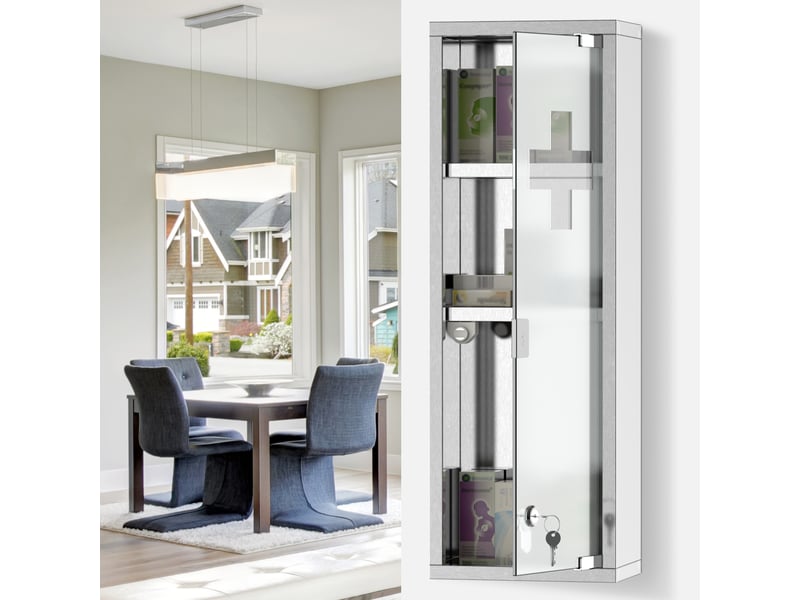  Armoire pharmacie acier inoxydable porte verre trempé, verrouillable, 3 compartiments, 20×12×58cm, argent  - Conforama D