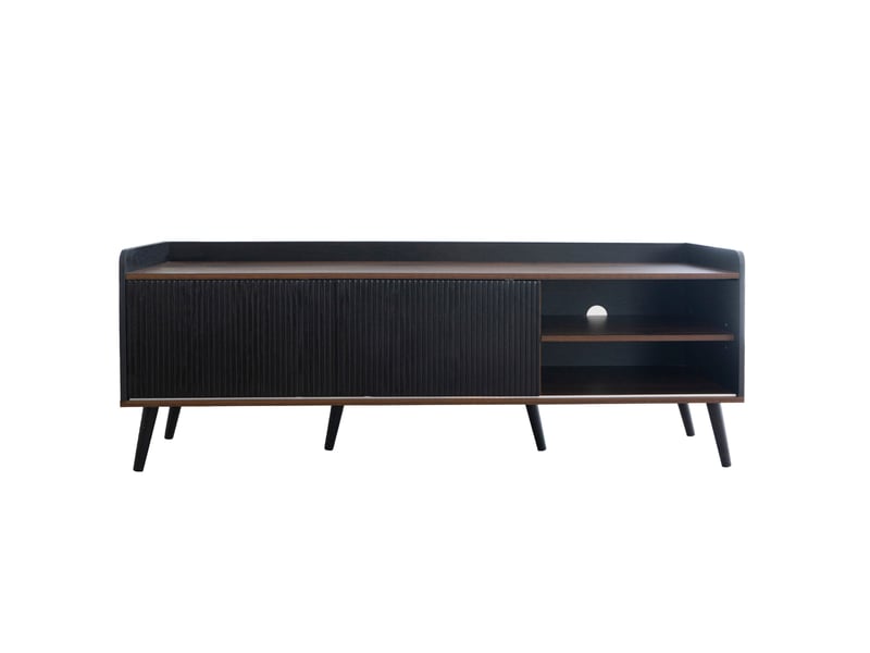  Meuble télévision bas 160x40x58 cm 2 portes coulissantes, 2 tiroirs, pieds bois, panneau particules e1, noir et bois  - Conforama E
