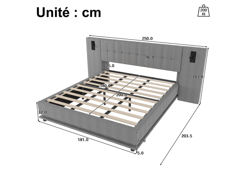 Lit double 180x200 cm - lit déco rembourré avec spot led et prise usb - lin + mdf - sans matelas - gris - Conforama C
