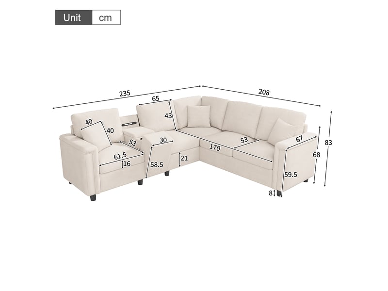 Canapé d’angle 5 places 235x208x83 cm, canapé de salon, sofa modulable, usbtype-c, rangement, porte-gobelets, lampe de lecture, chenille, beige CozyNest - Conforama C