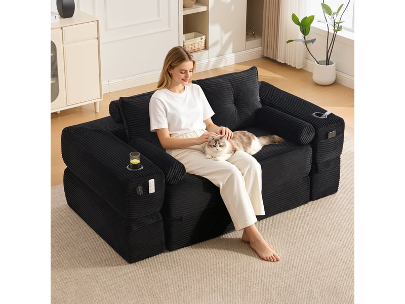 Canapé convertible, canapé-lit, porte-gobelets, en velours tricoté, format adapté au salon, pour intérieur  - Conforama C