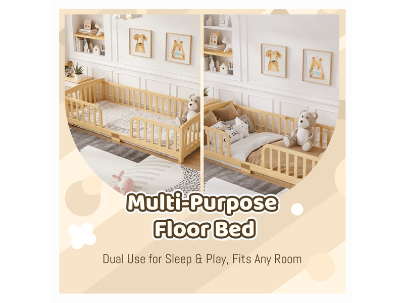  Lit bas enfant simple 90×200 cm avec barrière, accès central - okmyhome- en pin naturel, sans matelas  - Conforama E