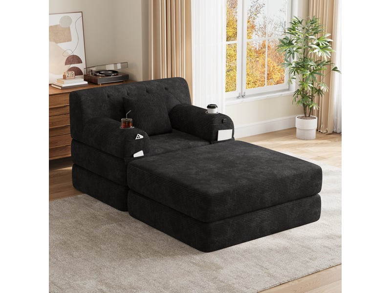  Fauteuil convertible 1 place avec pouf, couchage, 4 poches et 2 porte-gobelets en velours côtelé noir  - Conforama D