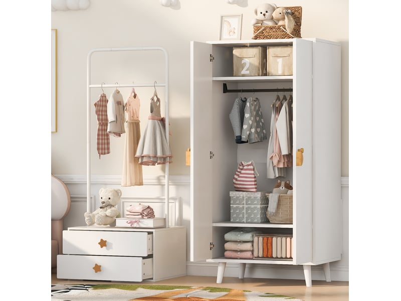  Armoire 2 portes blanche 140 × 55 × 170 cm, rangement avec penderie et 2 tiroirs pour chambre enfant  - Conforama B