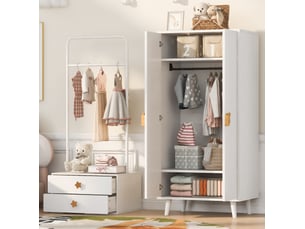 Armoire 2 portes blanche 140 × 55 × 170 cm, rangement avec penderie et 2 tiroirs pour chambre enfant