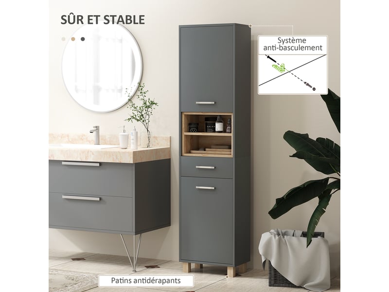  Colonne salle de bain, meuble salle de bain rangement avec 2 placards, gris, tiroir et 2 compartiments ouverts  - Conforama R