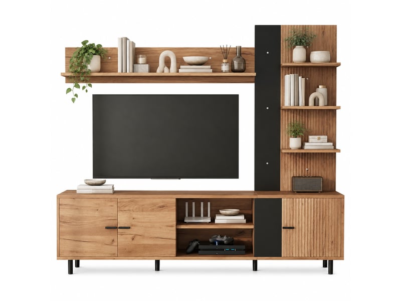  Meuble tv avec 3 placards et étagères ouvertes pour salon 187,5×40×167 cm bois et noir  - Conforama A