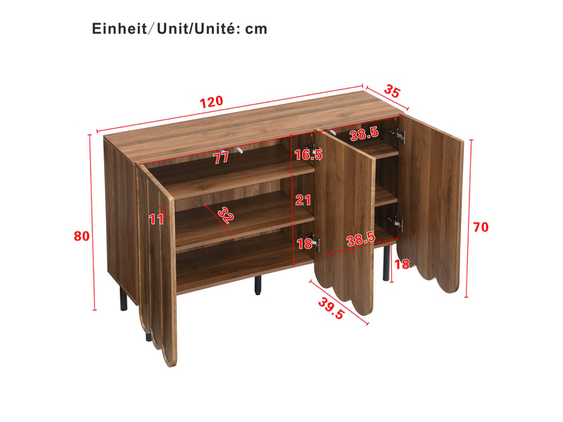  Buffet bas moderne en mdf décor noyer – portes ondulées sans poignées, 120 x 35 x 80 cm  - Conforama D
