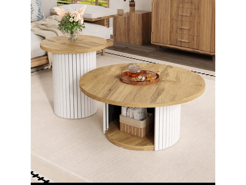  Ensemble de 2 tables basses rondes en mdf effet bois naturel avec rangement, ø 75 et 45 cm  - Conforama B