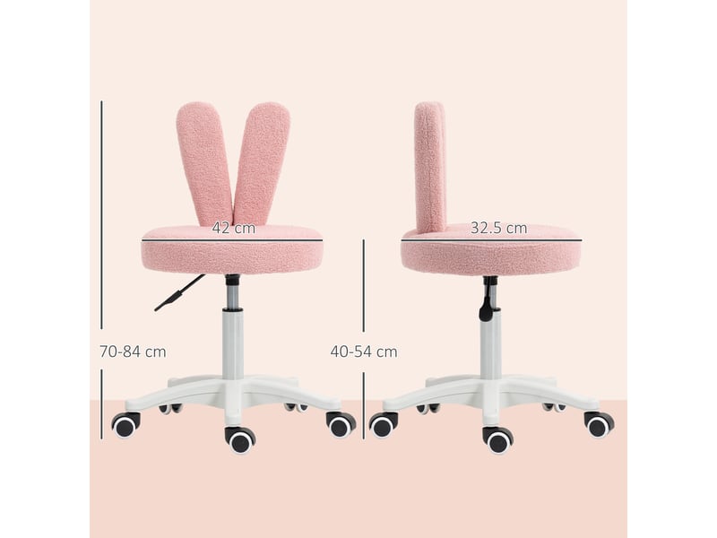  Chaise de bureau à oreilles de lapin réglable en hauteur avec revêtement en polaire douce, rose, 53 x 53 x 70-84 cm  - Conforama E