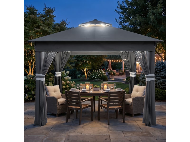  Tonnelle de jardin à hauteur réglable avec éclairage led, acier et toile oxford, 336 x 336 x 250-270 cm, grise  - Conforama D