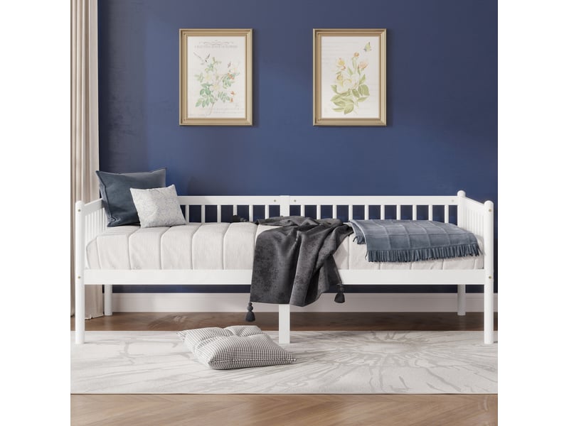  Lit de jour modenvie 90 x 200 cm en pin blanc avec barrières sur 3 côtés et 14 lattes  - Conforama D