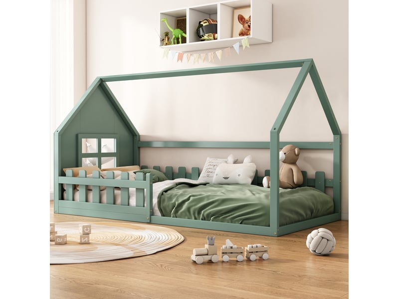  Modenvie lit enfant cabane 90x200 cm - structure en pin et mdf, sans matelas - vert  - Conforama B