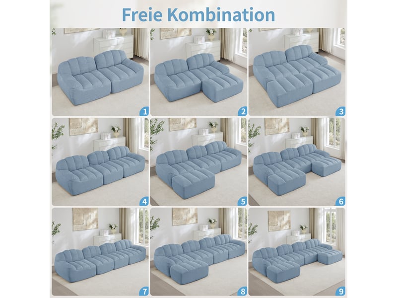 Canapé droit coquille 4 places bouclette bleu – 366 x 104 x 79 cm Fay Lum - Conforama W