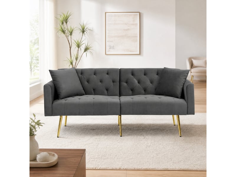 Canapé convertible 2 places inclinable - 3 positions, 2 coussins, pieds métal, velours - gris - Conforama C