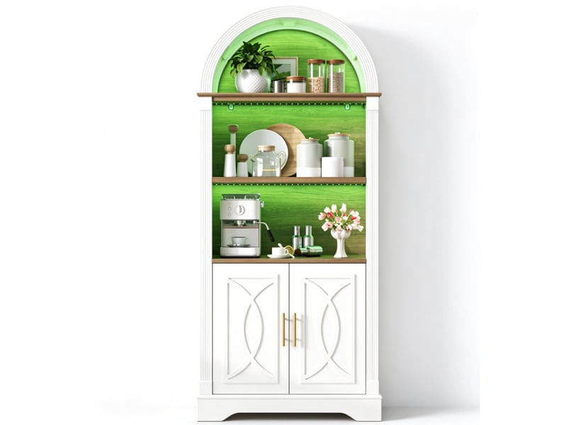  Vitrine 4 portes vitrées et 2 tiroirs, 76 x 40 x 180 cm, étagères réglables, verre cannelé, dessus cintré et socle stable, mdf, blanc Morn Vibe - Conforama A