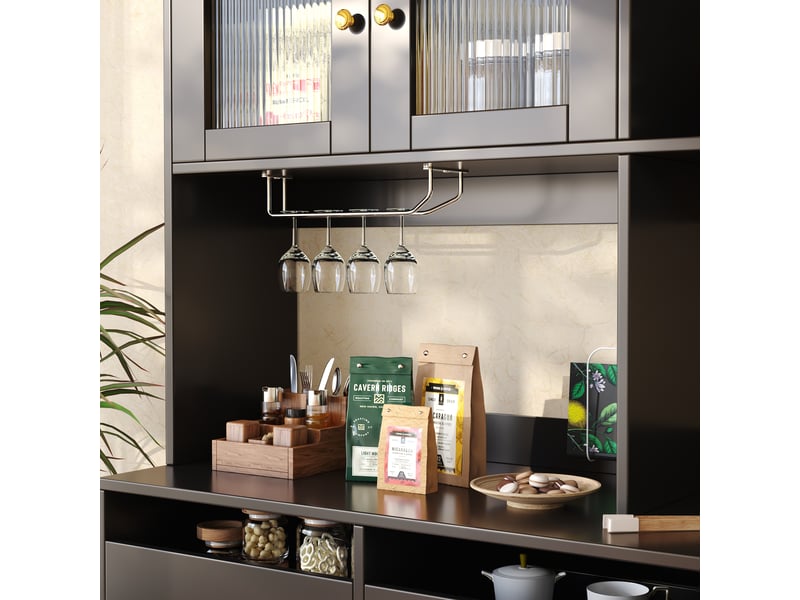  Meuble de cuisine muvano avec portes en verre strié, noir et décor doré, 145 × 39 × 171 cm  - Conforama D