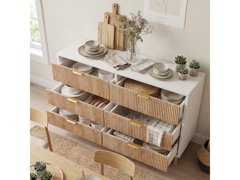  Commode 6 tiroirs, commode chambre 100 cm, design strié bois et blanc, pieds dorés, meuble de rangement, pour chambre, salon, chêne clair  - Conforama C