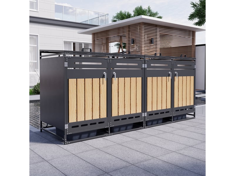 Armoire poubelle 4 compartiments, couvercles hydrauliques, façade imitation bois, ventilation perforée, fer antirouille, serrure individuelle - Conforama E