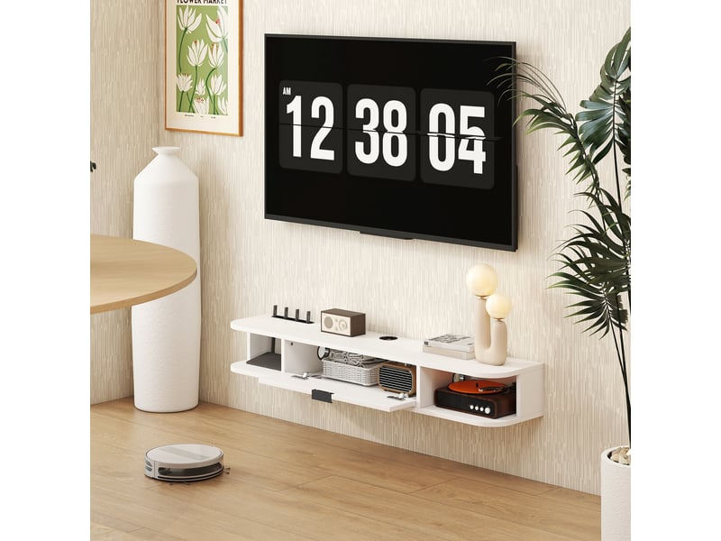  Meuble tv suspendu, meuble télé pour téléviseur jusqu'à 50 pouces, tiroir rabattable 2 étagères 120x24x16cm blanc  - Conforama D