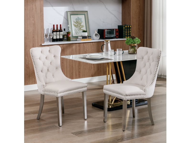 Lot de 2 chaises de salle à manger en velours beige et chromé  - Conforama B